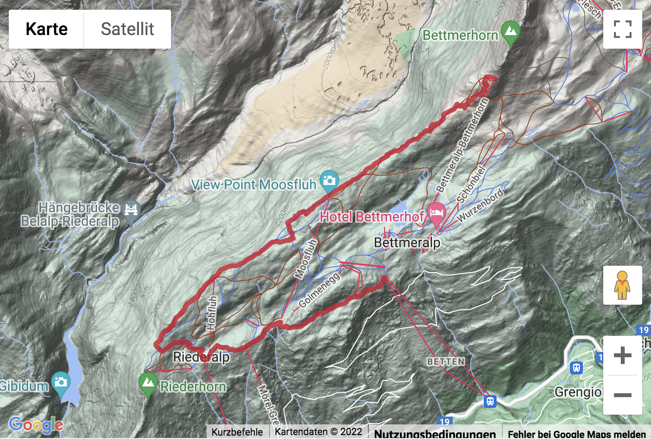 Übersichtskarte Randonnée de montagne de la Bettmeralp sur le Bettmerhorn