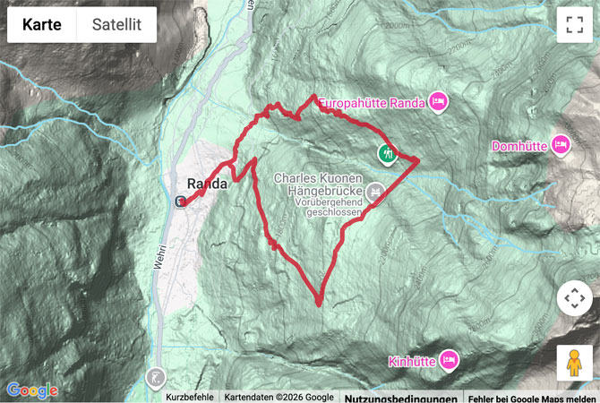 Routenskizze zur Wanderung zur Charles Kuonen Hängebrücke