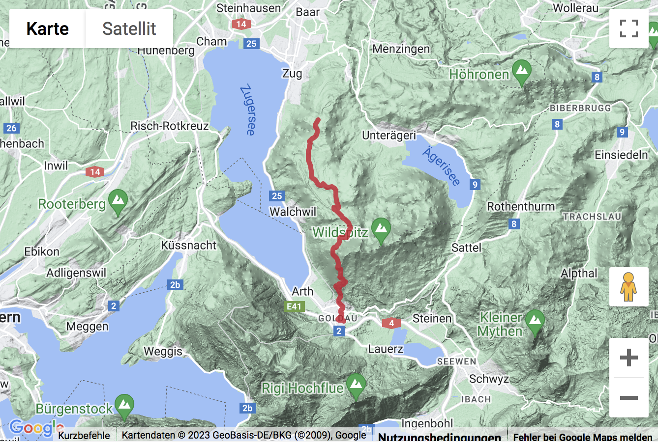 Übersichtskarte Höhenwanderung vom Zugerberg nach Goldau