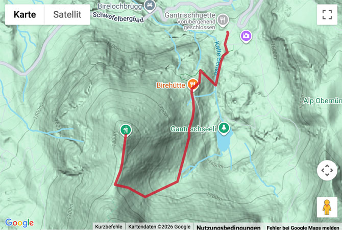 Routenskizze zur Wanderung von der Unteren Gantrischhütte zum Birehubel