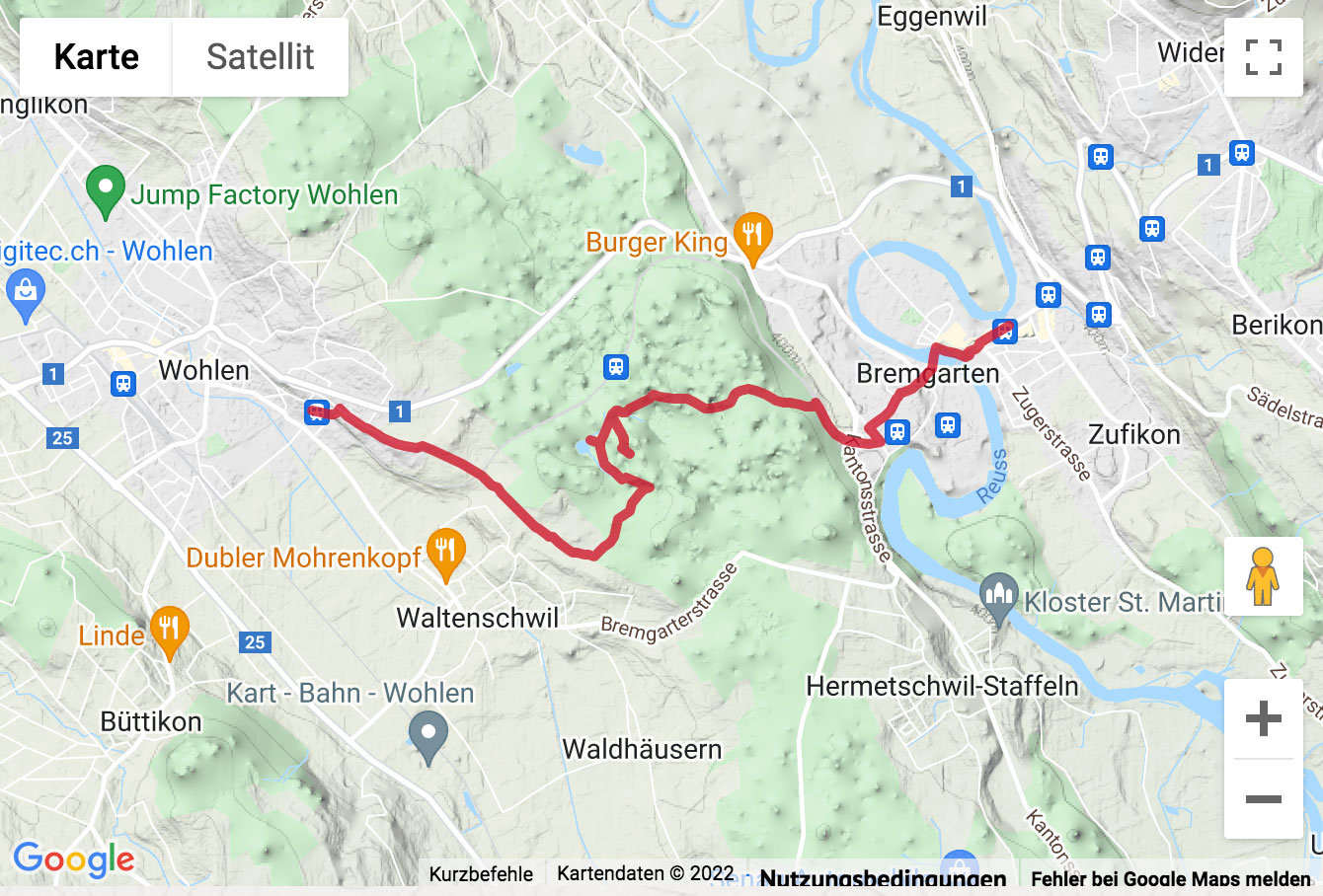 Übersichtskarte Wanderung auf dem Freiämterweg nach Bremgarten