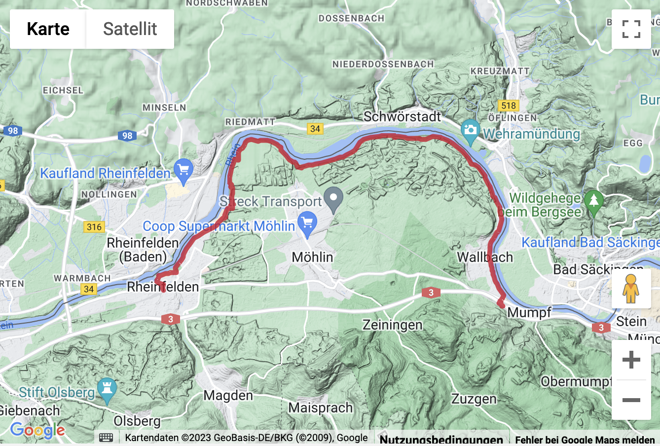 Übersichtskarte Uferwanderung von Mumpf nach Rheinfelden