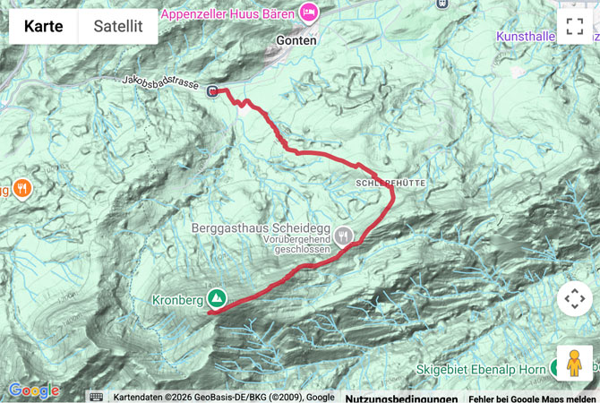 Routenskizze zur Wanderung vom Kronberg hinunter nach Jakobsbad