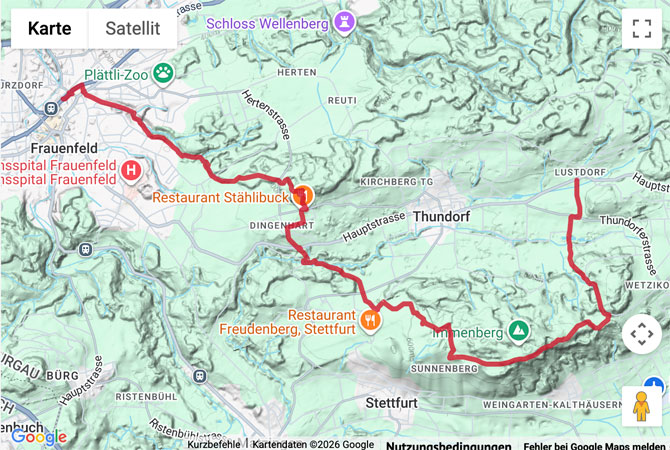 Routenskizze zur Wanderung von Lustdorf nach Frauenfeld