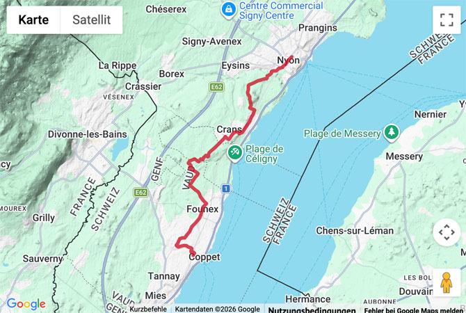 Routenskizze zur Jakobswanderung von Nyon nach Coppet