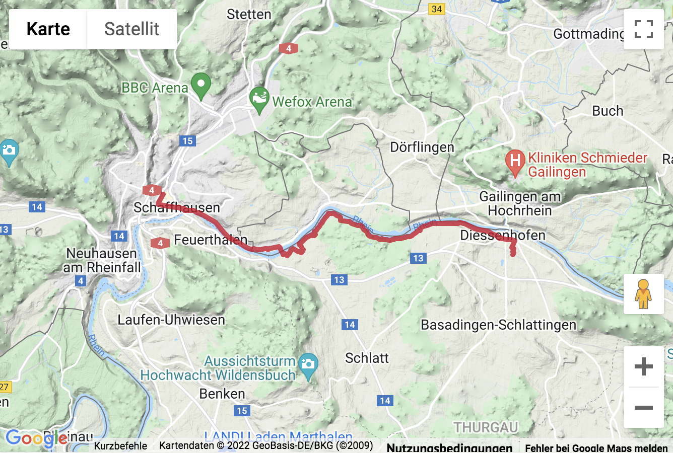 Übersichtskarte Wanderung Diessenhofen - Fähre Altparadies - Schaffhausen