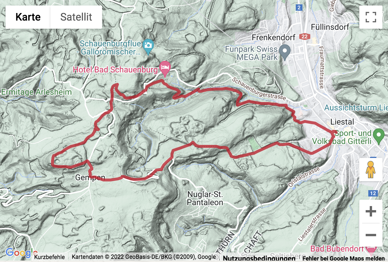 Übersichtskarte Wanderung von Liestal auf die Schartenfluh