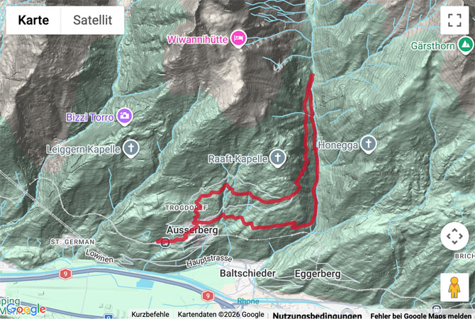 Routenskizze zur Suonenwanderung von Ausserberg ins Baltschiedertal