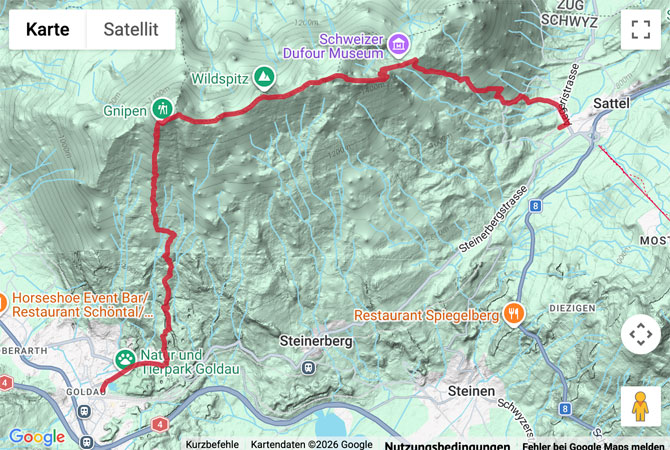 Routenskizze zur Bergwanderung (T3) von Goldau zum Gnipen