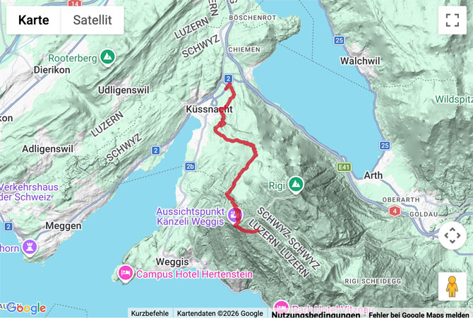 Routenskizze zur Abstiegswanderung von Rigi Kaltbad in die Hohle Gasse