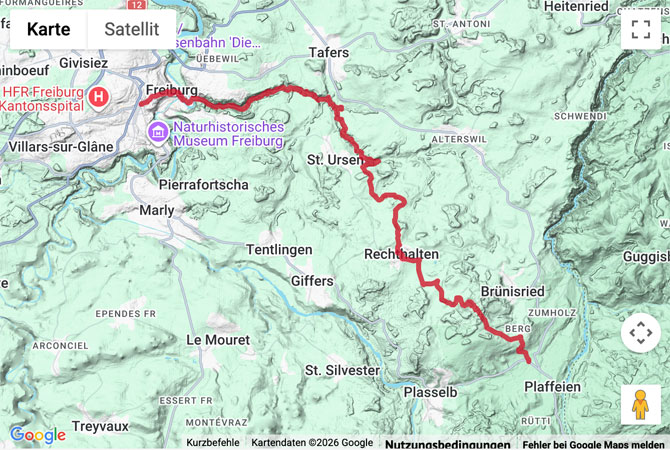 Routenskizze zur Wanderung Plaffeien - Rechthalten - St. Ursen - Fribourg