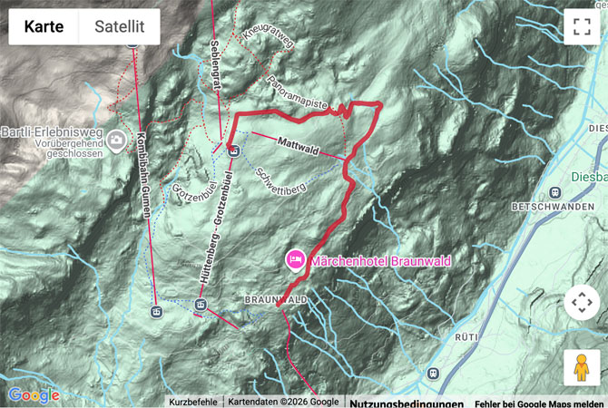Routenskizze zur Winterwanderung auf der Sonnenterrasse von Braunwald