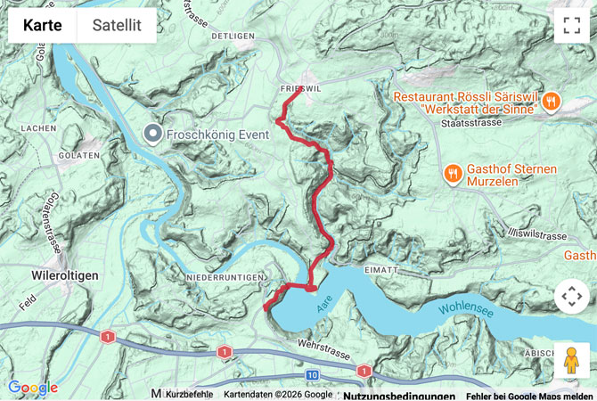 Routenskizze zur Kurzwanderung von Frieswil nach Mühleberg
