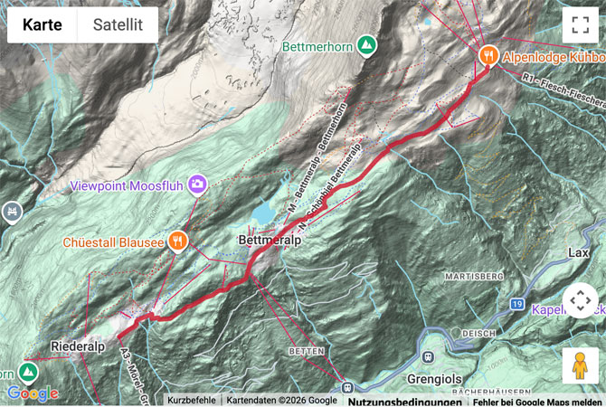 Routenskizze zur Winterwanderung von der Fiescheralp zur Riederalp