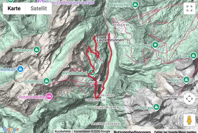 Routenskizze zur Wanderung auf dem Mountain View Trail im Lauterbrunnental