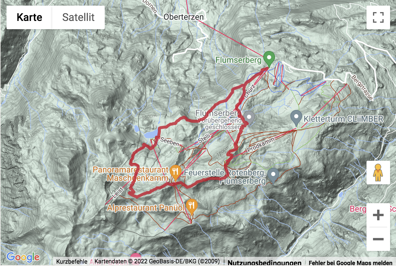 Carte de situation avec l'itinéraire pour la Ronde panoramique à Flumserberg