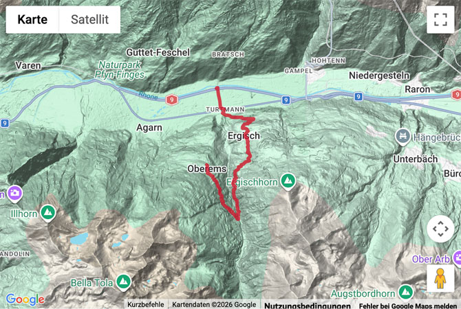 Routenskizze zur Wanderung Oberems - Hübschweidi - Ergisch - Turtmann
