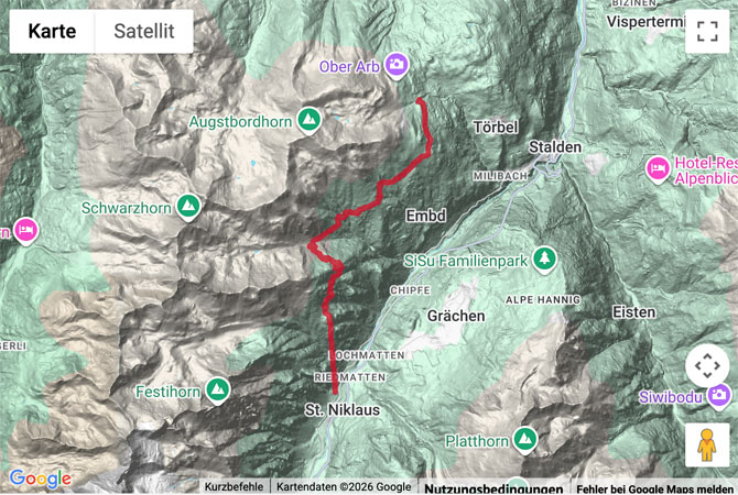 Routenskizze zur Höhenwanderung Moosalp - Jungen