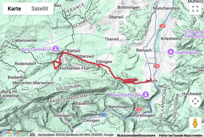 Routenskizze zur Wanderung Aesch - Ettingen - Mariastein - Flüh