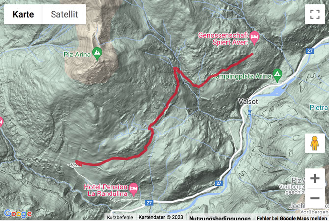 Übersichts-Routenkarte für die Hangwanderung im Unterengadin von Vnà nach Tschlin