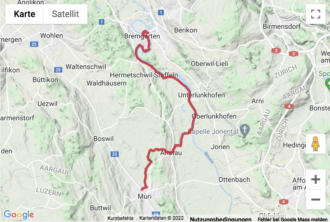 Übersichtskarte Wanderung auf dem Aargauer Weg von Muri nach Bremgarten
