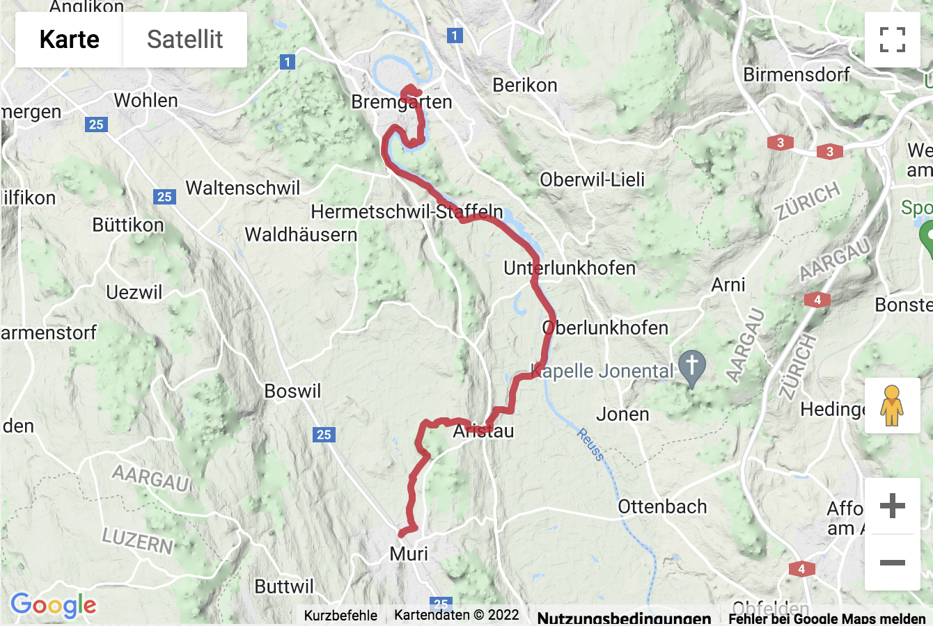 Carte de situation Wanderung auf dem Aargauer Weg von Muri nach Bremgarten