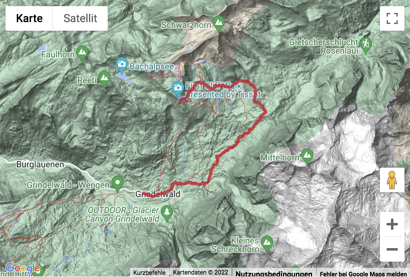 Übersichts-Routenkarte für die Wanderung vom First nach Grindelwald