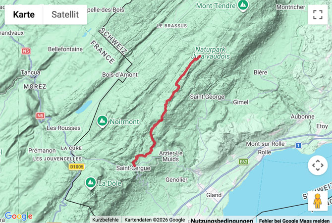 Routenskizze zur Höhenwanderung über die Crêt de la Neuve