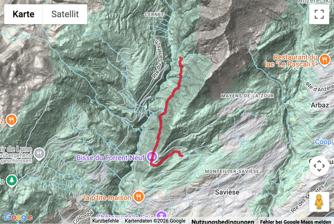 Routenskizze zur Wanderung an der Bisse de Savièse (Torrent Neuf)
