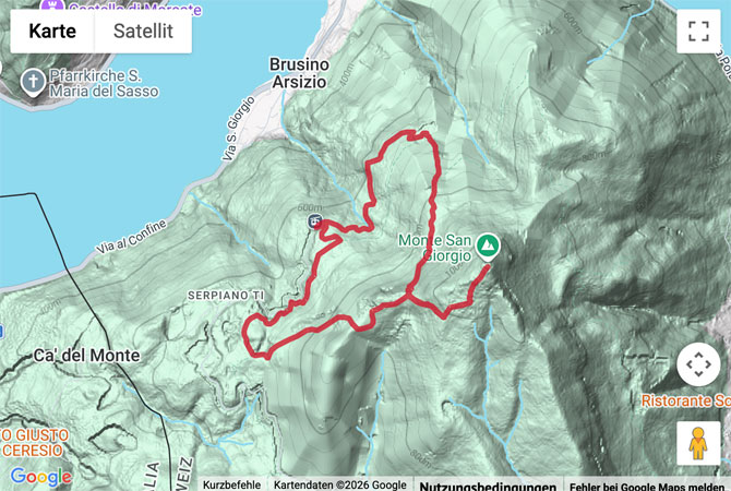 Routenskizze zur Rundwanderung von Serpiano auf den Monte San Giorgio