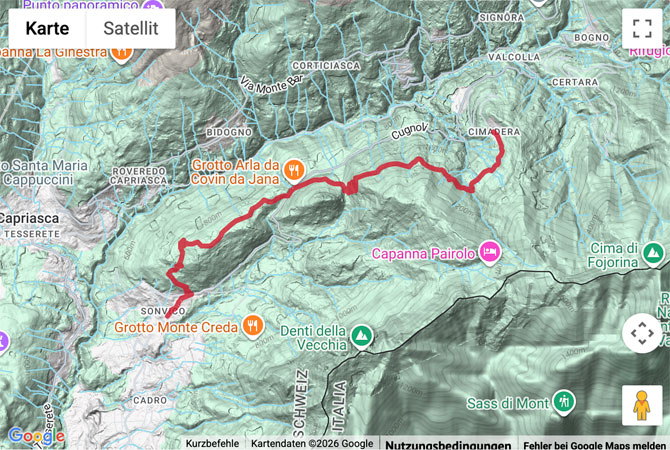 Routenskizze zur Wanderung von Cimadera nach Sonvico