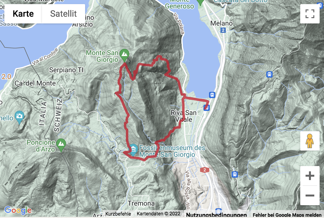 Übersichtskarte Gipfelwanderung auf den Monte San Giorgio