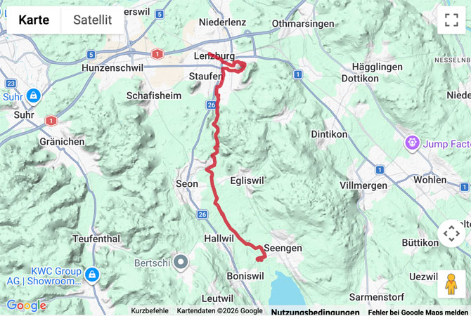 Routenskizze zur Wanderung dem Aabach entlang bis nach Lenzburg