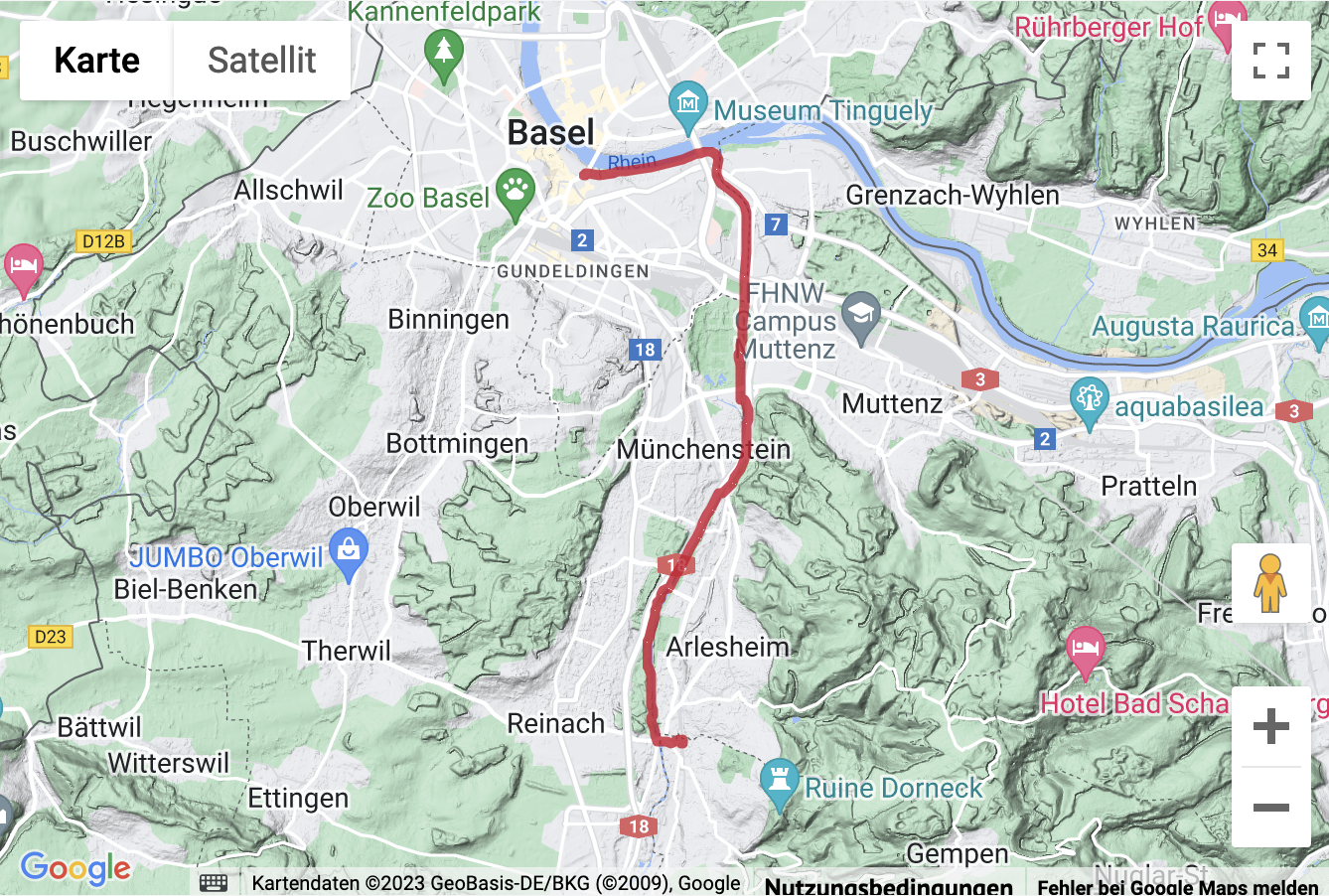 Übersichtskarte Uferwanderung an der Birs von Dornach nach Basel