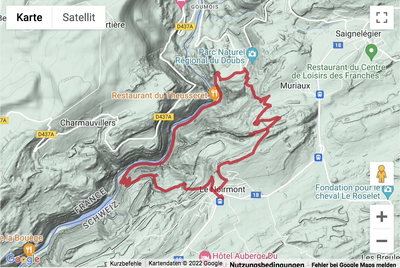 Übersichtskarte Rundwanderung von Le Noirmont hinunter an den Doubs