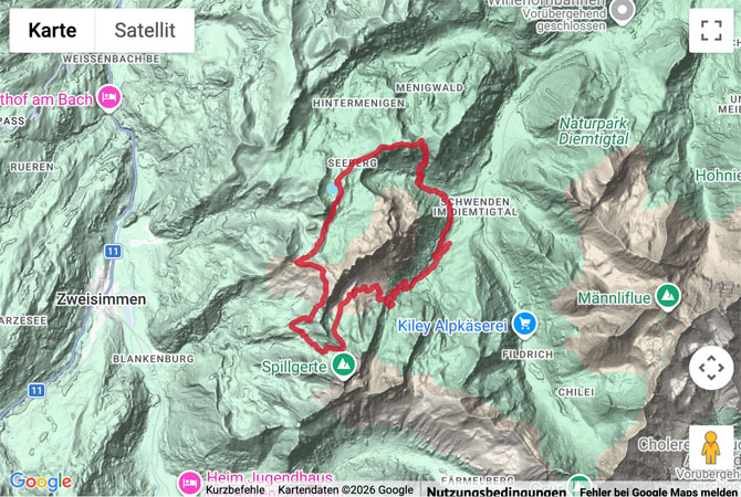 Routenskizze zur Bergwanderung von der Grimmialp zum Seebergsee