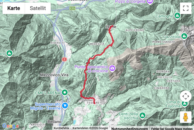 Routenskizze zur Wanderung über Gola di Lago nach Tesserete