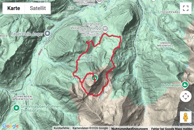Routenskizze zur Bergwanderung aufs und rund ums Wiriehorn