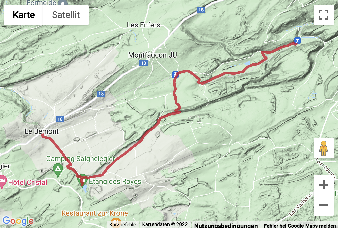 Übersichtskarte Wanderung im Jura zu zwei Étangs