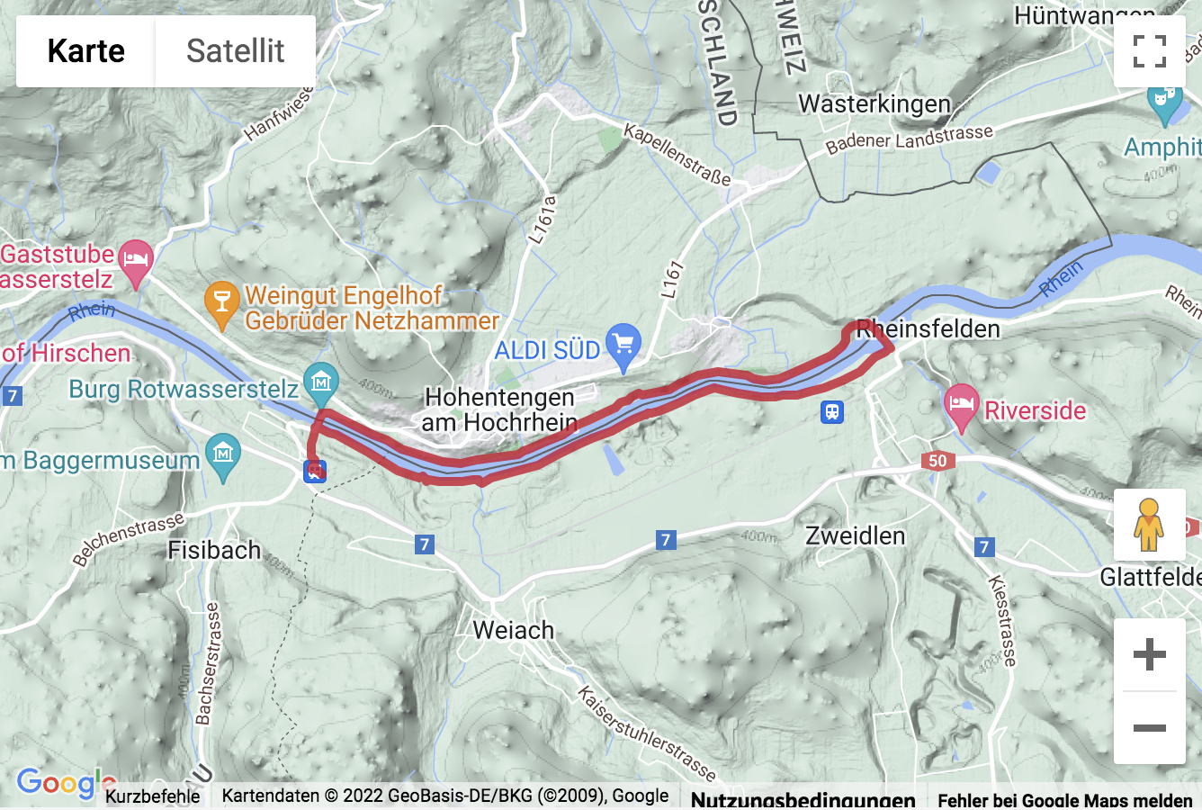 Übersichtskarte Skulpturenweg-Wanderung dem Rhein entlang