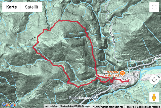 Routenskizze zur Wanderung von Intragna hinauf nach Calascio