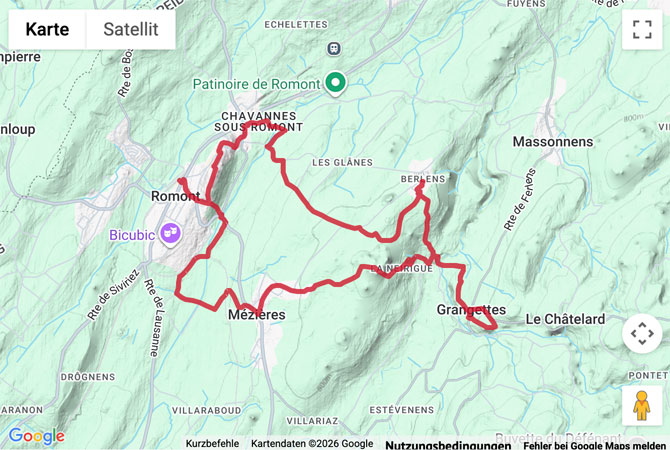 Routenskizze zur Wanderung auf dem Sentier du Vitrail bei Romont