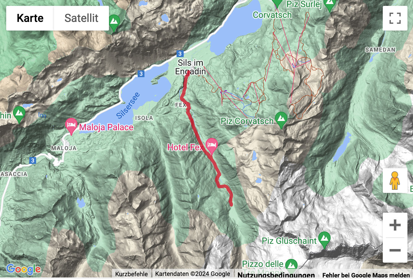 Übersichtskarte Winterwanderung durchs Val Fex zur Alp Muot Selvas