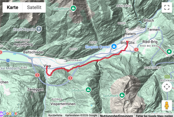 Routenskizze zur Wanderung der Visperi-Suone entlang von Visp nach Brig