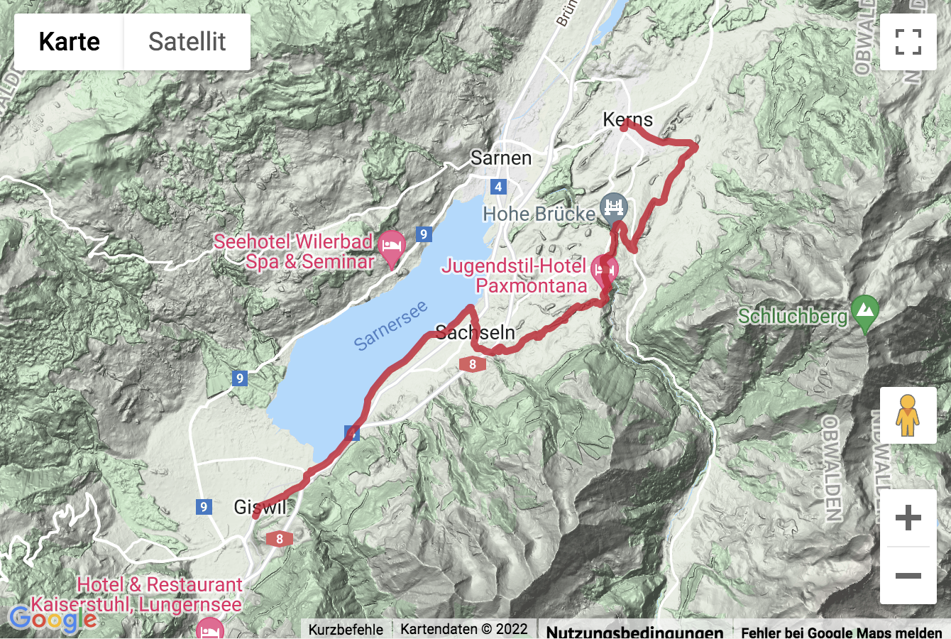 Übersichtskarte Wanderung auf «Single-Trails» von Giswil nach Kerns