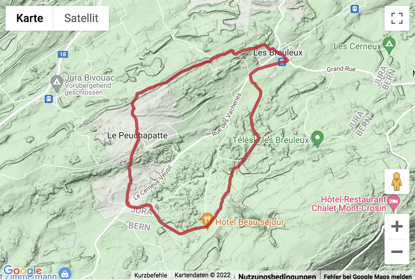 Übersichts-Routenkarte für die Rundwanderung von Les Breuleux durch die Freiberge