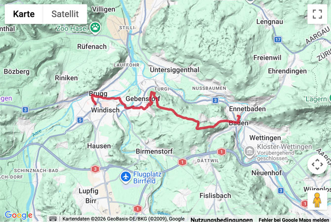 Routenskizze zur Wanderung auf dem Jurahöhenweg von Baden nach Brugg Routenskizze zur Wanderung auf dem Jurahöhenweg von Baden nach Brugg