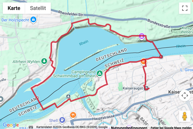 Routenskizze zur Rundwanderung bei Kaiseraugst