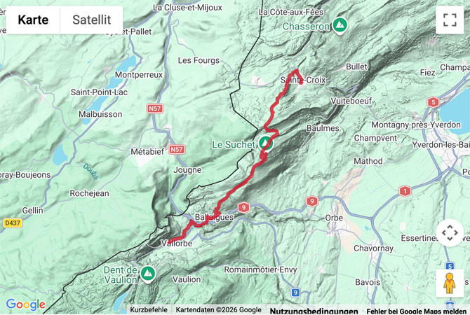 Routenskizze zur Höhenwanderung von Ste-Croix über den Suchet nach Vallorbe