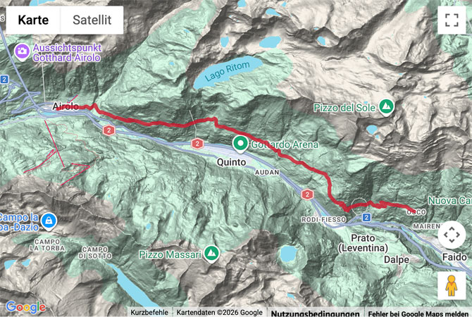 Routenskizze zur Wanderung auf der Strada Alta von Airolo nach Osco